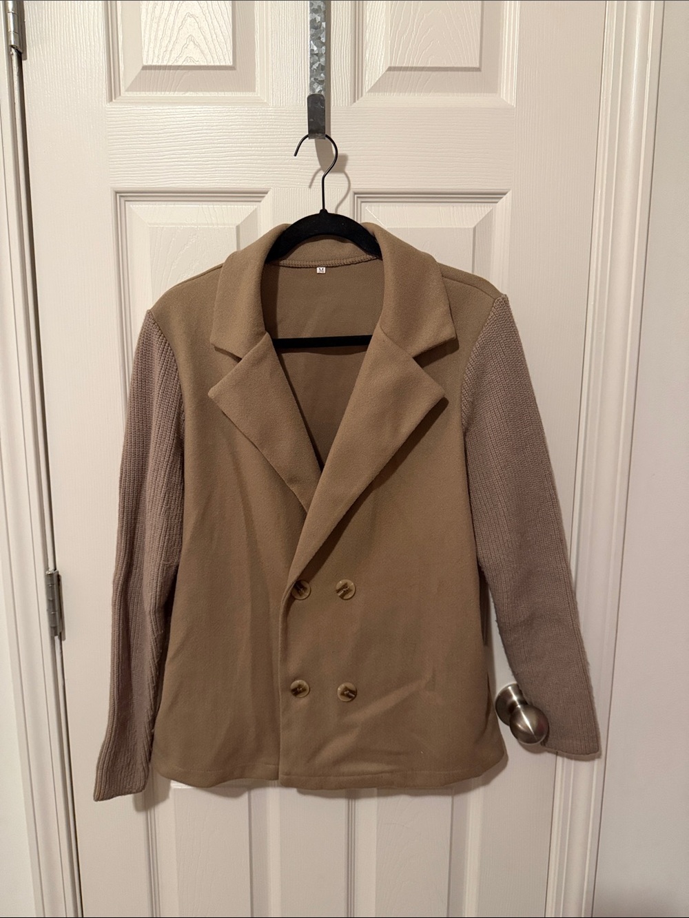 Amazon Essentials Double-Breasted Tan Blazer with Knit Sleeves